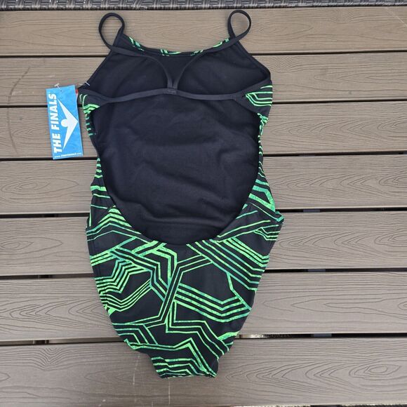 TYR The Finals Women Maize Swimsuit Swanback Green Black 1 Piece- Size 34 New - Picture 2 of 3